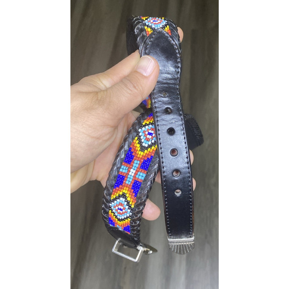 Brighton Beaded Belt Skinny Black Leather Southwestern  Brighton Vintage Beaded Leather Belt Black Silver Buckle Southwestern Size 34